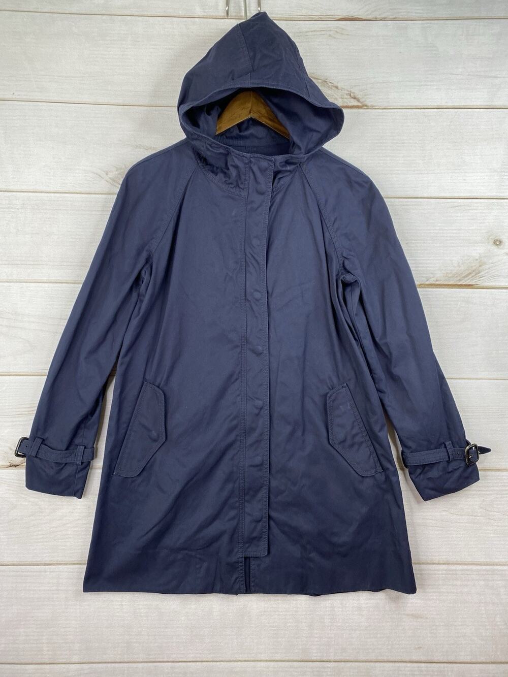 J Crew Trench Coat Womens Size 10 Navy Blue Hooded Snap/Zip Mid Length Cotton